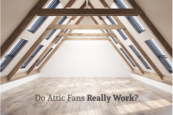 A view of an empty attic with light coming in through the built in skylights. On the bottom center it reads, do attic fans really work?