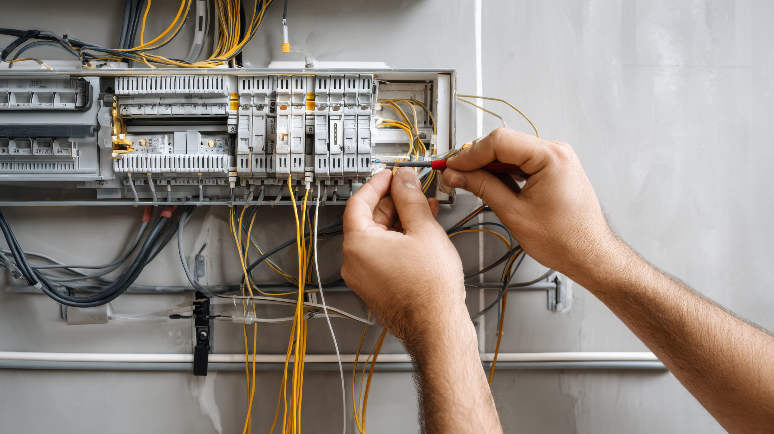 Electrician at work, repairing electrical wiring and home appliances.